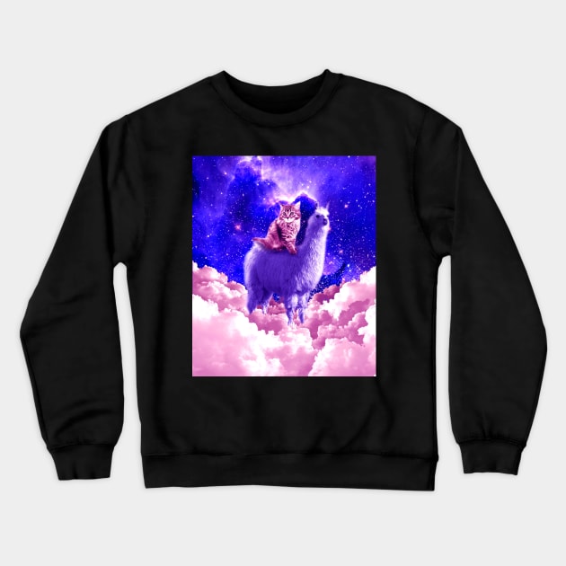 Outer Space Galaxy Kitty Cat Riding On Llama Crewneck Sweatshirt by Random Galaxy